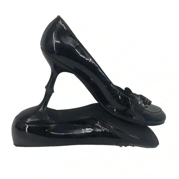 STUART WEITZMAN HEELS WOMENS 7.5 BLACK PATENT LEATHER TASSEL KITTEN - Picture 9 of 14